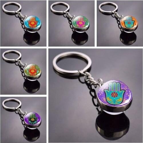 Hamsa Pendant Keychain Hamsa Hand Art Picture Glass Ball Key Chain Double Side Glass Cabochon Metal Keyring Hamsa Jewelry Gift