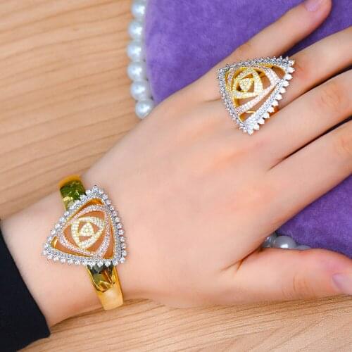 Kellybola Luxury Trendy Geometric triangle Bangle Ring Set Micro Cubic Zirconia Paved Bridal Wedding Shiny Jewelry Accessories