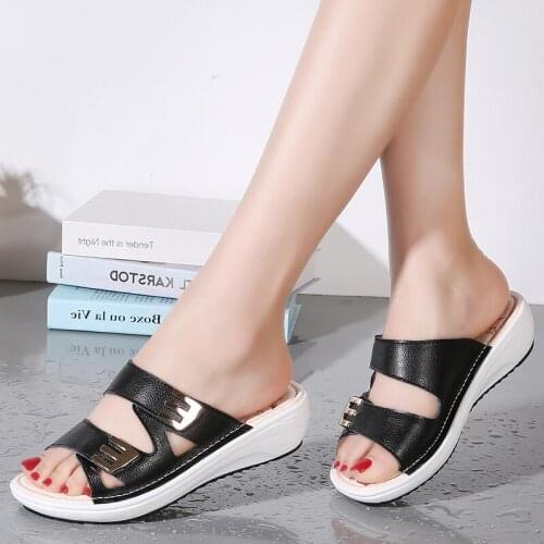 Split Leather Summer Shoes Women Sandals Wedges Women Beach Sandals Shoes Luxury With Buckle Ladies Slipper Heel High 4.5CM