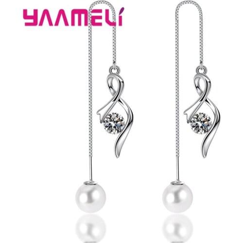 Delicate 925 Sterling Silver Jewelry Cubic Zirconia Pearl Fashion Woman Long Tassel Drop Earrings Engagement Wedding Party Gifts