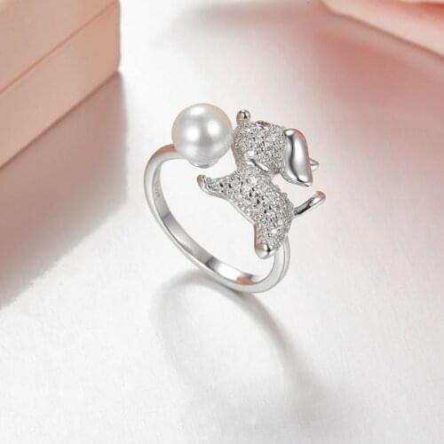 SLJELY Cute Animal Pet Dog Ring 925 Sterling Silver Zircon CZ Pearl Opening Ring for Dog Parent Women Girl Jewelry Gift