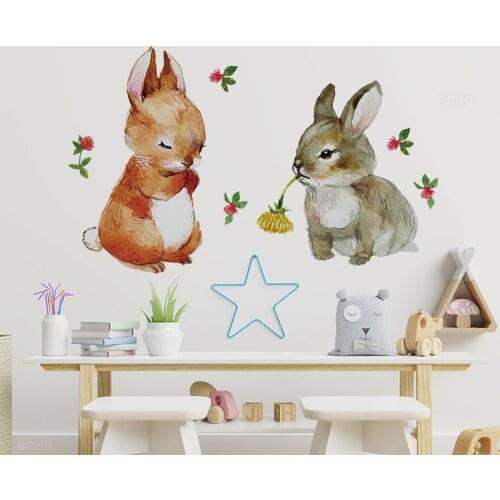 Hand Draw Style Flower Rabbit Animals Wall Stickers Baby Nursery Wall Decals Kids Room Decoration for Wall Bedroom Living Room