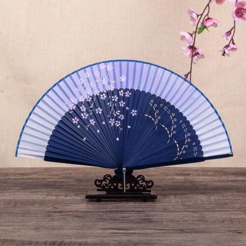 Vintage Folding Fan Silk Cloth Sakura Printed Japanese Style Home Decoration Bamboo Spun Fan Culture Collection Fan Party Gifts
