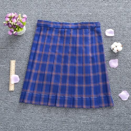 Japanese college high-waist Dark blue grid JK uniforms pleated skirts summer skirt add pocket adjustable waist