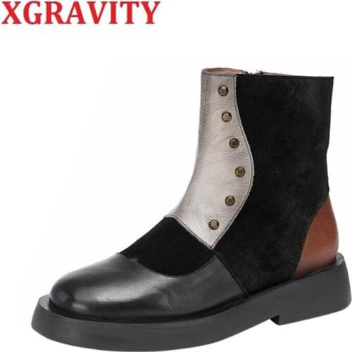 XGRAVITY Vintage Women Shoes Elegant Round Toe Flat Shoes Fashion Cow Genuine Leather Shoes Fashion Boots For Woman Flats S088