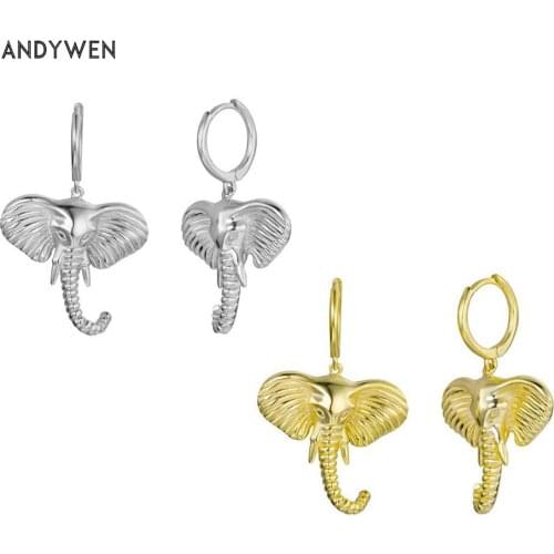 ANDYWEN 925 Sterling Silver Elephant Charm Drop Earrings Big Charms Loops Ring Rock Punk Special Jewelry for 2020 Women Wedding