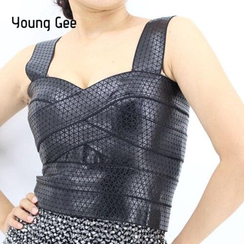 Young Gee 2019 Summer Sexy Tank Tops Women Fashion Striped Lingge Leather Bandage Nightclub Holiday Cropped Top Vest Streetwear