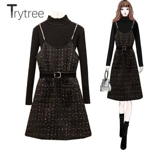 Trytree 2020 AW Women Casual two piece set Knitted Sweater + Sling Dress Polka Dot Zipper Sashes Set Fashion A-line 2 Piece Set