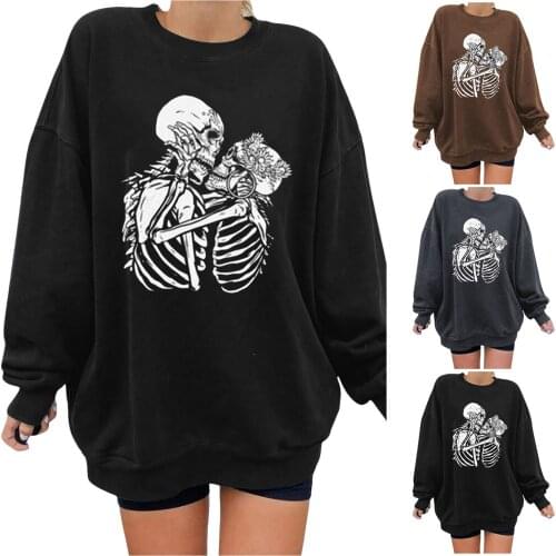 Women Long Sleeve Halloween Pullover T-shirt Round Neck Blouse Top Skeleton Kiss Printing Daily All-match Lovely Girl T-shirt