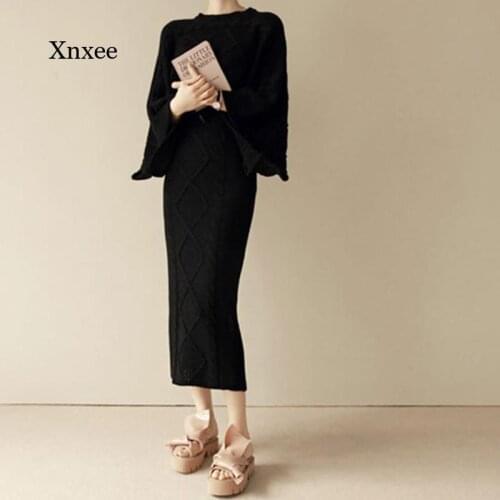 2021 Autumn/winter Fashion Womens Knitted 2-Piece Bat Sleeve Loose Blouse + Slim Tight Skirt Women Sweater Set