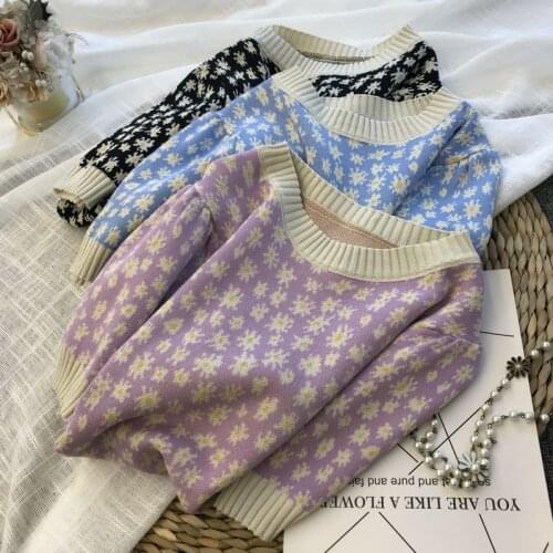 2021 fashion temperament new daisy floral female round neck loose short-sleeved knitted pullover T-shirt casual all-match
