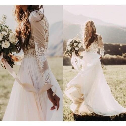 Bohemian Country Wedding Dress Long Sleeves Bateau Neck A Line Lace Applique Chiffon Boho Bridal Gowns Cheap Vestido De Noiva
