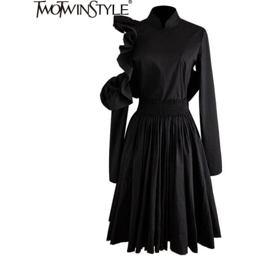 TWOTWINSTYLE Patchwork Ruffle Backless Sexy Dress Women Long Sleeve Turtleneck Fashiopn Dresses Female Black Casual Clothes 2020