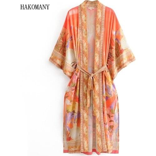 2020 Lacing up Sashes Long Holiday Cardigan Loose Blouse Tops Bohemia Orange Mermaid Flower Crane Print Long Kimono Shirt