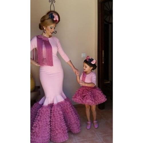 2020 Tiered Pleated Mommy & Me Tulle Dress Women Kids With Feather Tulle Skirt Dresses For Birthday Party Mother & Daughter
