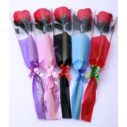 50sets Florist Plastic Flower Packaging Bags Single Rose Bags Flowers Wrapping Paper with Pull Bow Gift Ribbon Valentines Day