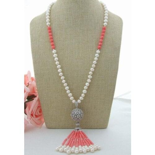 7-8mm white natural freshwater pearl Pink Coral Necklace micro inlay zircon sphere tassel long sweater chain necklace 25inch