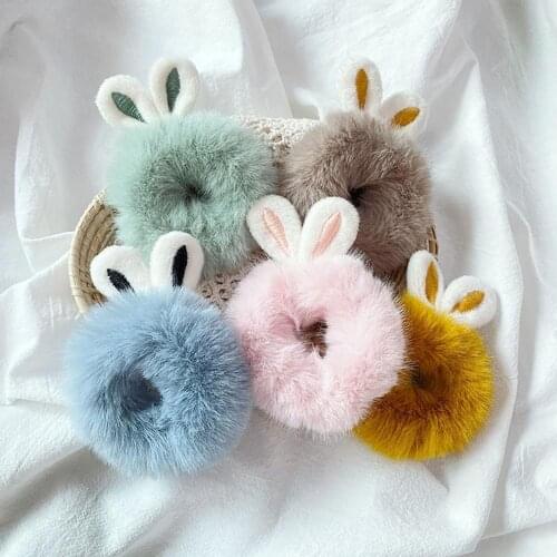 Girls Lovely Plush Rabbit Ear Hair Rope Candy Color Headband Ponytail Holder Faux Fur Rabbit Ears Hair Rope Hair Accessories