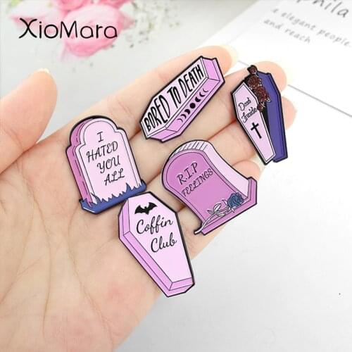 Coffin Tombstone Enamel Pins RIP Brooches Pink Grave Moon Phase Bat Rose Badges Punk Lapel Pin Jewelry for Men Women