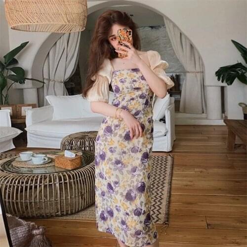 Midi Dress Women Holiday Sweet Trendy Summer Femme Dresses A-Line Design Korean Floral Purple Puff Sleeve Ladies Vestidos