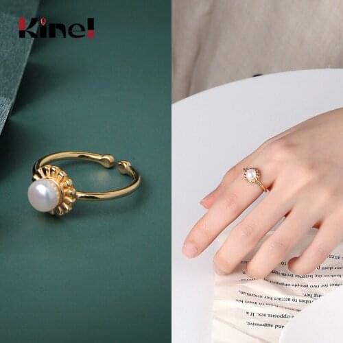Kinel Minimalist Bijoux 925 Sterling Silver Simple 18K Gold Ring Pearl Open Finger Rings Woman Jewelry Party Christmas Gift