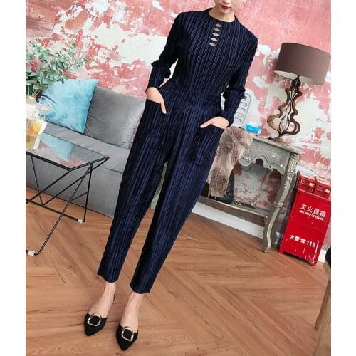 HOT SELLING Fashion fold long sleeve stand neck solid hollow out T-shirt + calf-length pants velvet two-piece outfit IN STOCK