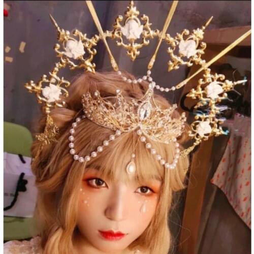 Lolita Vintage Headband Angel Gold Halo Goddess Headpiece Virgin Mary Halo Bride Crown Bead Chain Baroque Tiara Headwear