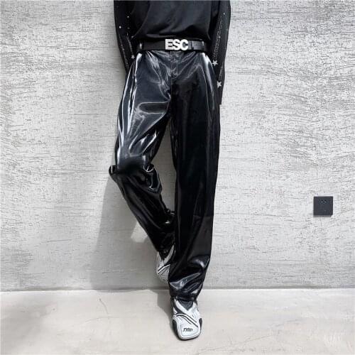 2021 fashion streetwear hip hop shiny leather pants Korean Causal Straight Pants motorcycle black Punk Trouser stage outfit