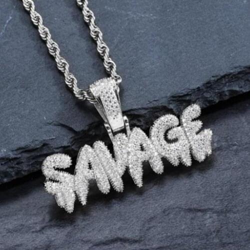 Fashion Personality Brass Iced Out Micro Pave Zircon Letter "SAVAGE" Pendant Mens 24 Inch Rope Chain Necklace