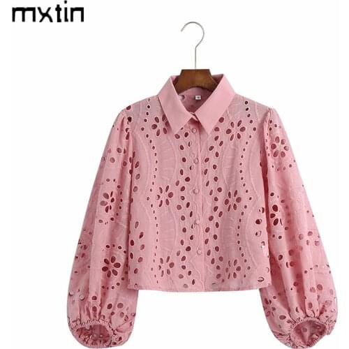 MXTIN 2021 Women Spring Fashion Solid Hollow Out Embroidery Cropped Blouses Vintage Lapel Collar 2 Colours Female Casual Tops