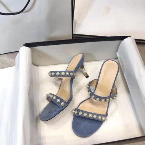 Pearl Mules Women New Style Pearl Heels Open Toe Genuine Leather Shoes Summer Slides Luxury Brand Fashion Designer Woman Shoe