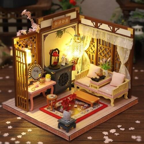 DIY Wooden Doll House Kit Miniature Casa with Furniture Chinese Cottage Cherry Blossom Villa Dollhouse Toys for Girls Gifts