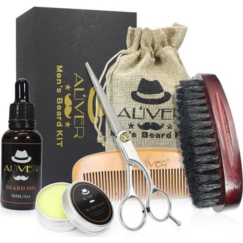 5PCS/Set Mens Beard Care Set Beard Oil Wax Scissors Bristle Brush Modeling Tool For Outdoor Travel Business Camping