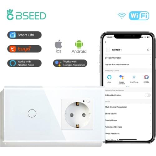 BSEED Wifi Wall Touch Switches Intelligent EU Socket Glass 1/2/3Gang 1/2/3 way Google Alexa Light Switches App Control White