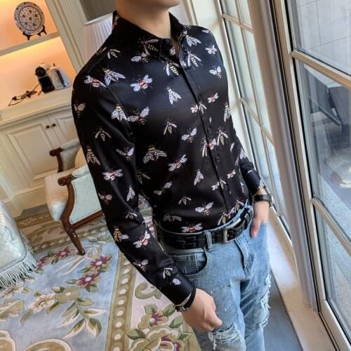 New Autumn 2020 Long Sleeve Button Down Slim Fit Shirt Men Online Shop Clothing Camisas Masculina Gold Bee Print Club Shirt Men