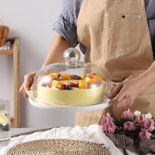 26cm Nordic Ceramic Cake Tray Stand Holder Baked Transparent Lead-free Glass Cover Dim Sum Fruit Plate Bread Afternoon Tea Frame