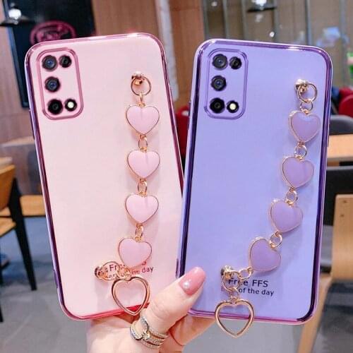 Luxury Plating Metal Love Heart Wrist Chain Phone Case for Samsung Galaxy A51 A12 A71 S11 A21S A32 A22 S21FE Note20 Soft Back