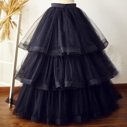 Chic Lush Black Ruffles Tulle Skirts Women Christmas Party Skirt Tiered Floor Length Long Female Maxi Skirt Zipper Saias Zipper