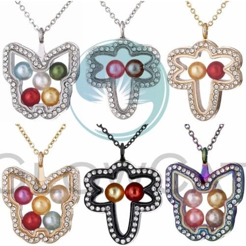 Flying Insect Glass Locket Necklace Rhinestone Pearl Cage Living Memory Floating Photo Locket Pendant Necklace