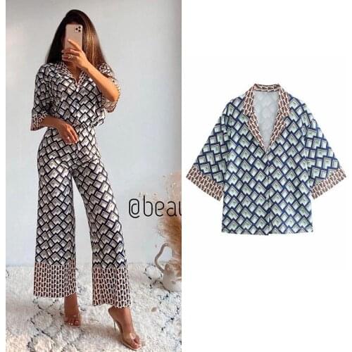 Geometrical Check Print Satin Blouse Office Ladies Short Sleeve Short Shirts Za 2021 Women Blusas Feminina Sobrecamisa Mujer New