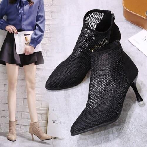 2021Summer Women High Heels Sexy Fishnet Ankle Heels Suede Heels Pointed Toe Thin Heels Sandals Women Casual Shoes