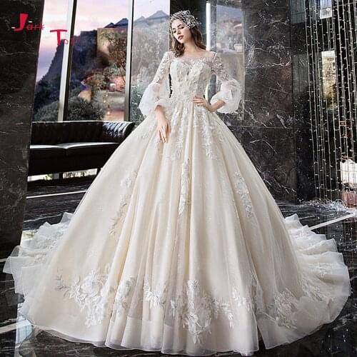 Custom Made O-Neck Three Quarter Sleeve Beading Flowers Appliques Lace Princess Ball Gown Wedding Dress Vestido Novia