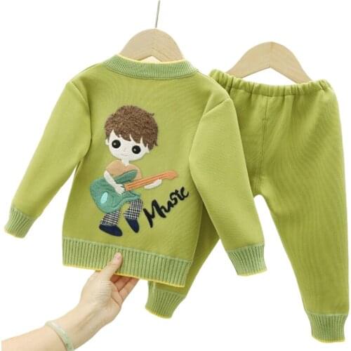 Winter Autumn Children Baby Boy Girl Thick Clothing Set 2pcs Cartoon Velvet Sweaters + Pants Plus Velvet Knitted Kids Suits 0-3Y