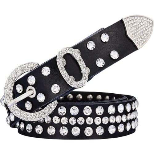 2021 New Design Real Cow Leather With Rhinestone Korean Versatile Lady Belt Alloy Pin Buckle Full Women Decorative 100-120cm