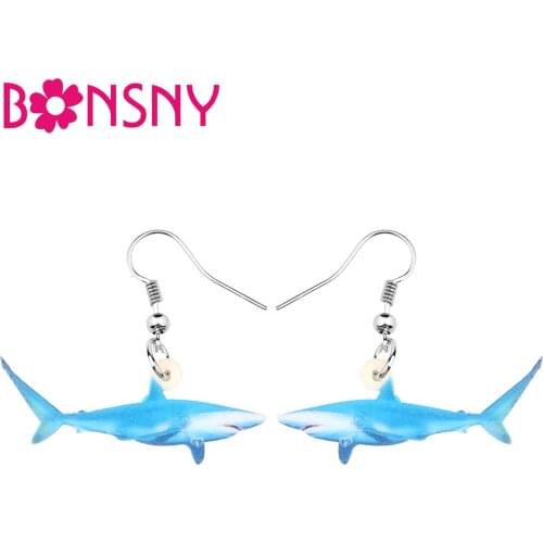 Bonsny Acrylic Ocean Blue Shark Fish Earrings Drop Dangle Sea Animal Jewelry Charms Gifts For Women Teen Girl Accessory Hot Sale