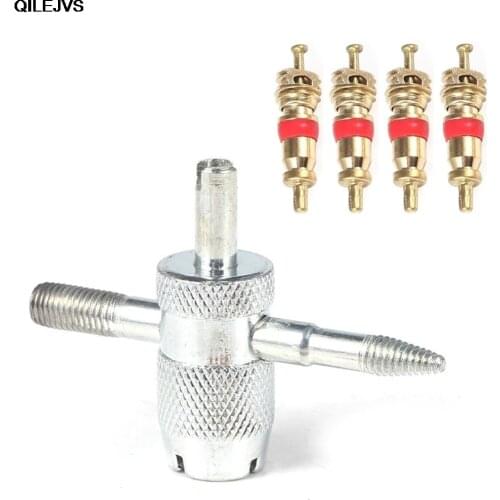 QILEJVS 4 Way Car Bike Tyre Valve Repair Installer Tire Remover Tool and 4 Valve Stem Core New