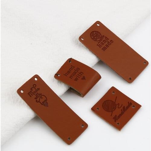 50pcs Brown Rectangle PU Leather Label Tags Handmade Cartoon Yarn Pattern Tag For DIY Knitted Bags Sew Label Accessories Supply