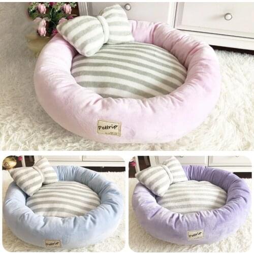 Luxury Princess Kennels Bow Tie Pillow Round Dog Bed Mats Cat Puppy Warm Winter Pet Nest Sofa Cushion Doggy Teddy Bedding