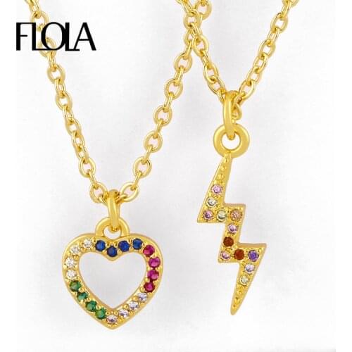 FLOLA CZ Rainbow Heart Necklaces For Women Multicolor Crystal Lightning Necklaces Gold Cubic Zirconia Women Jewelry Gifts nkeq70