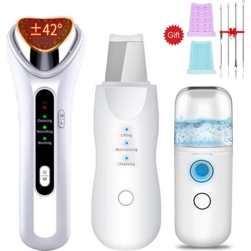 Induction Vibration Heating Beauty Instrument Lifting Tighten Massager+Ultrasonic Skin Scrubber Blackhead Remover+Nano Sprayer